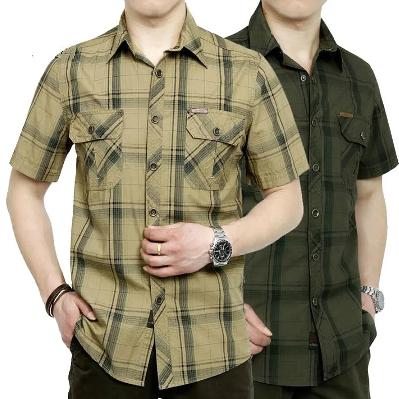

Brand Army Military Shirt Men 2021 Summer 100% Cotton Plaid Short Sleeve Mens Shirts Plus Size 4XL 5XL Camisa masculina
