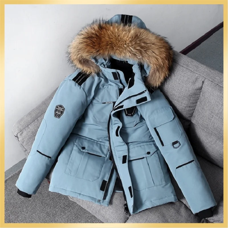 

30 Degree Winter Down Jacket Men 90% White Duck Down Parkas Coat Mid-length Large Fur Collar Down Thicken Coat Snow Overcoat