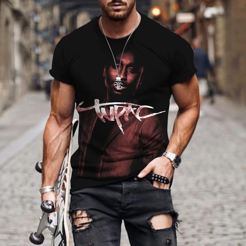 

Summer Men T-shirt Rapper 2pac Star Pattern Shirt All-match Basic Short-sleeved Round Neck Hip-hop Music Male Top Tees Funko Pop