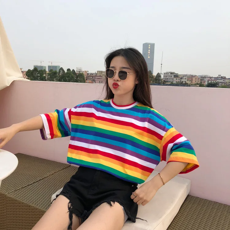 

T Shirt Women Rainbow Striped Punk T-shirt O-Neck Casual Harajuku Tshirt Short Sleeve Korean Fashion Shirt Camiseta Feminina Top