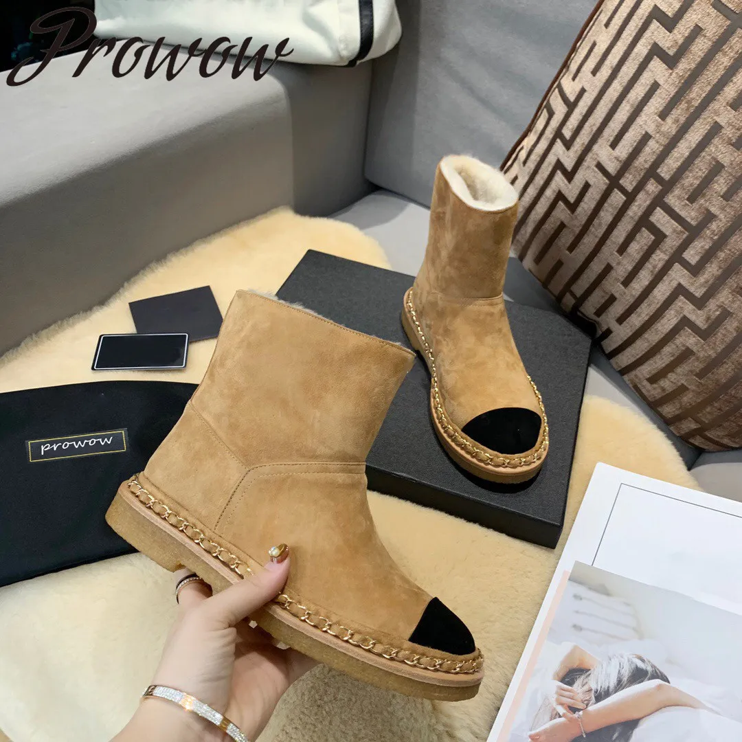 

Prowow New Winter Genuine Leather Snow Warm Boots Slip On Flats Ankle Boots Shoes Women