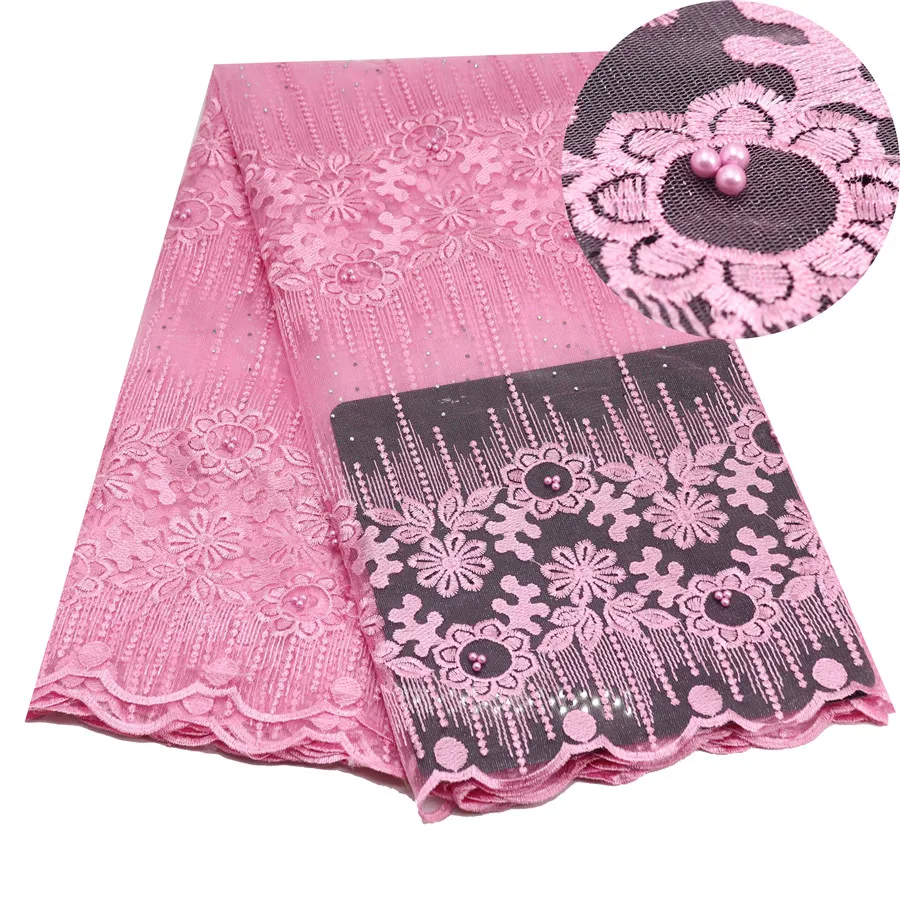 Розовый Африканский тюль кружевной ткани с камнями вышивка Чистая кружево