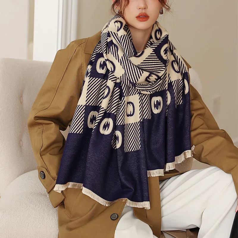 

Double-Sided Cashmere Scarf Print Pashmian Shawls Warm Bufanda Women Thick Blanket Foulard Lady Design Winter Female Stoles