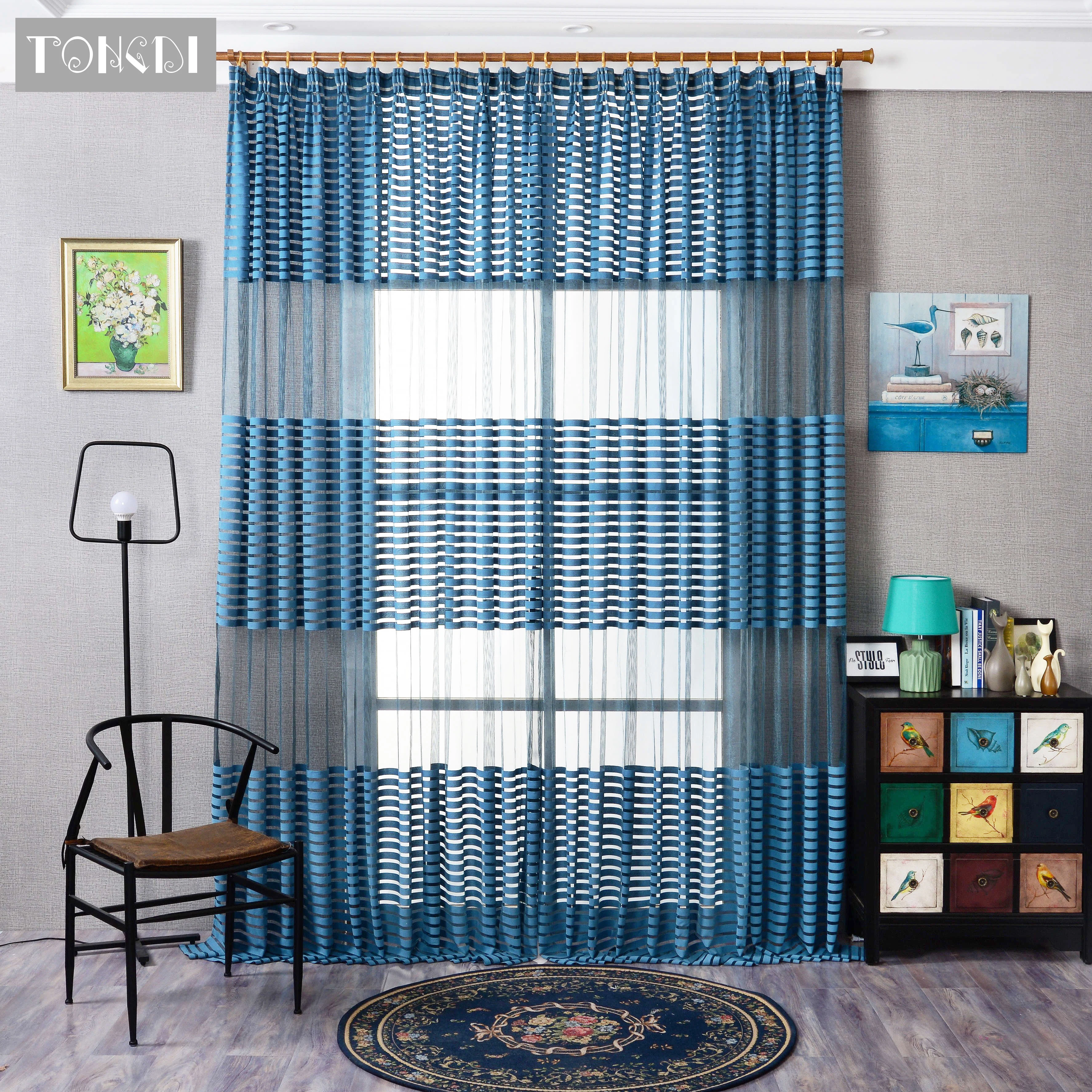 TONGDI Современная полосатая занавес панель Легкий просвечивающий для спальни