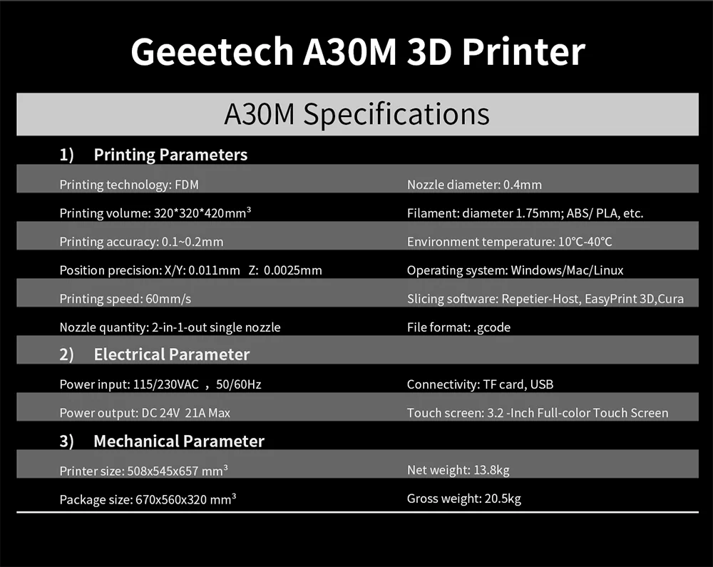 GEEETECH A30M с открытым исходным кодом 2 в 1 смешанный 3d принтер 320*320*410 мм площадь 60 мм/сек. Защита паролем, сенсорный экран, двойная ось z