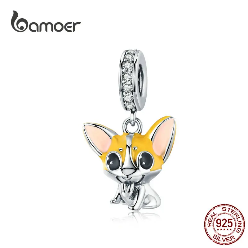 

BAMOER Silver Pet Dog Pendant Charm fit for Women Original Charms Bracelet Sterling Silver Enamel Corgi Animal Charm BSC078
