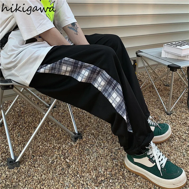

Hikigawa Japan Korean Women Pants Vintage Casual Long Men Joggers Loose Straight Plaid Print Trousers Female Patchwork Sweatpant