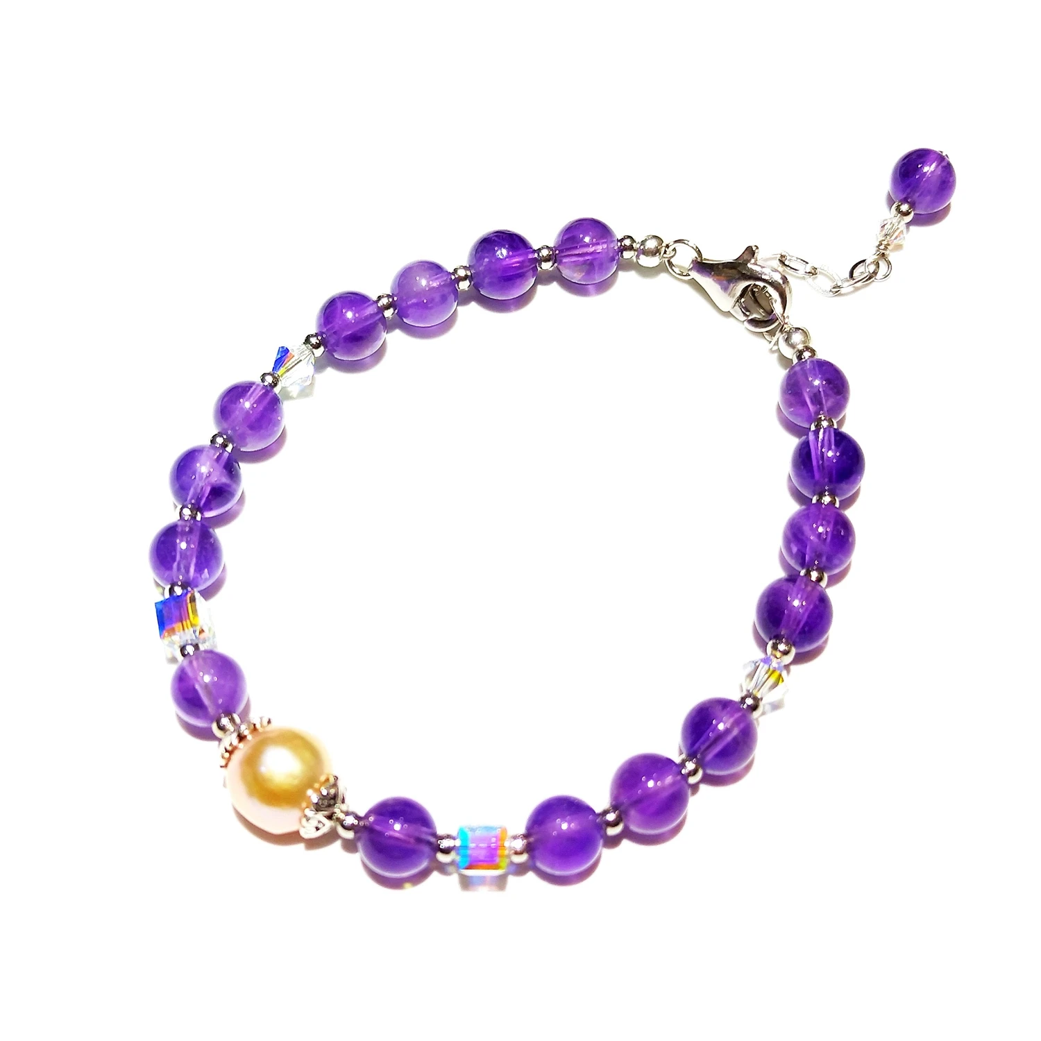 

Lii Ji Amethyst Pearl 925 Sterling Silver Platinum Plated Austrian Crystal Bracelet 18+3cm Natural 6mm Stone Handmade Jewelry