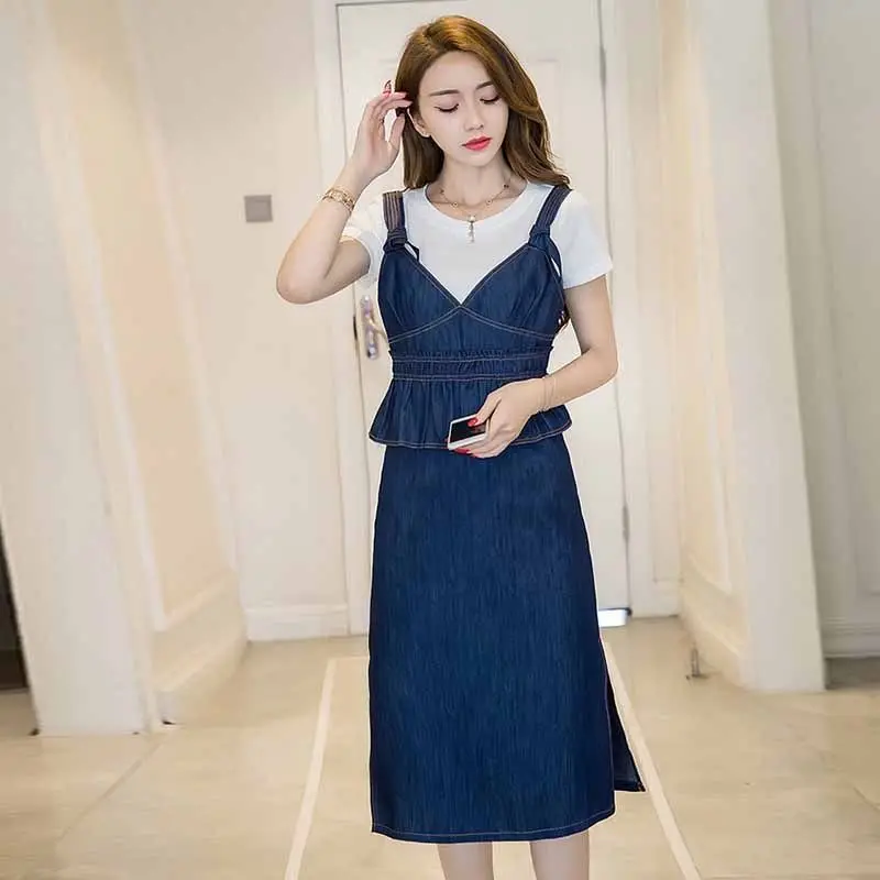 Summer Women Ruffles Waist Knee Length Jeans Dress Casual Short Sleeve Female Tops Two Piece Set Slim Fit Office Work Suit | Женская