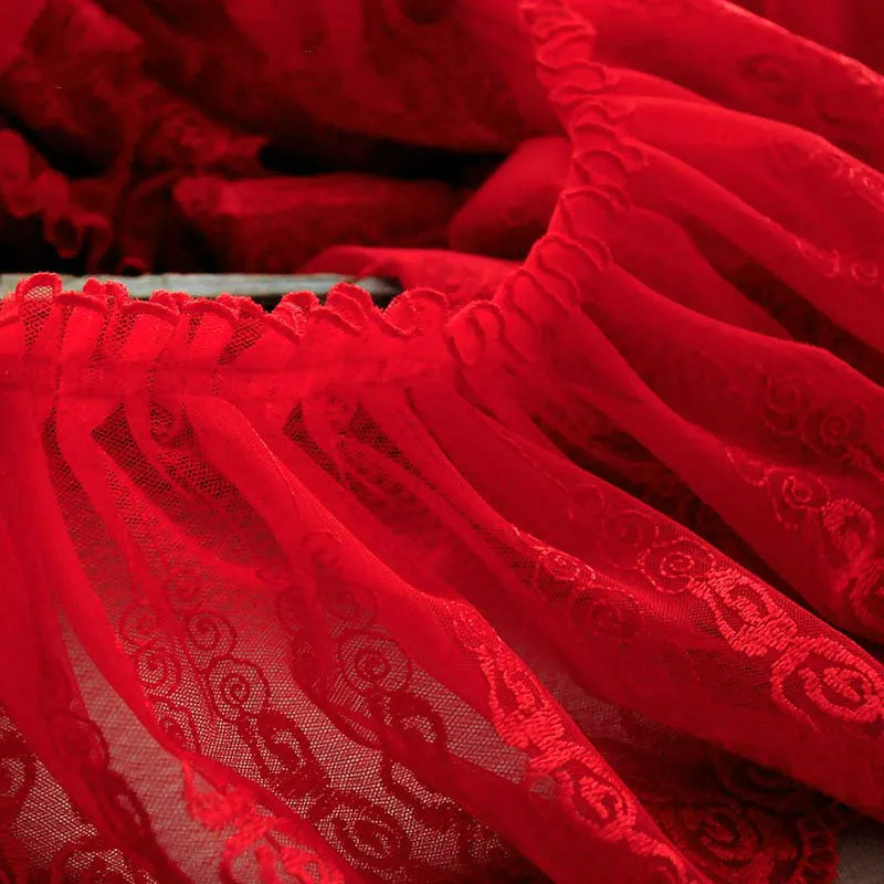 

New Trend Red Embroidered Tulle Pleated Stretch Lace Fabric Diy Ladies Festive Children's Skirt Dressing Side Home Textile Trim