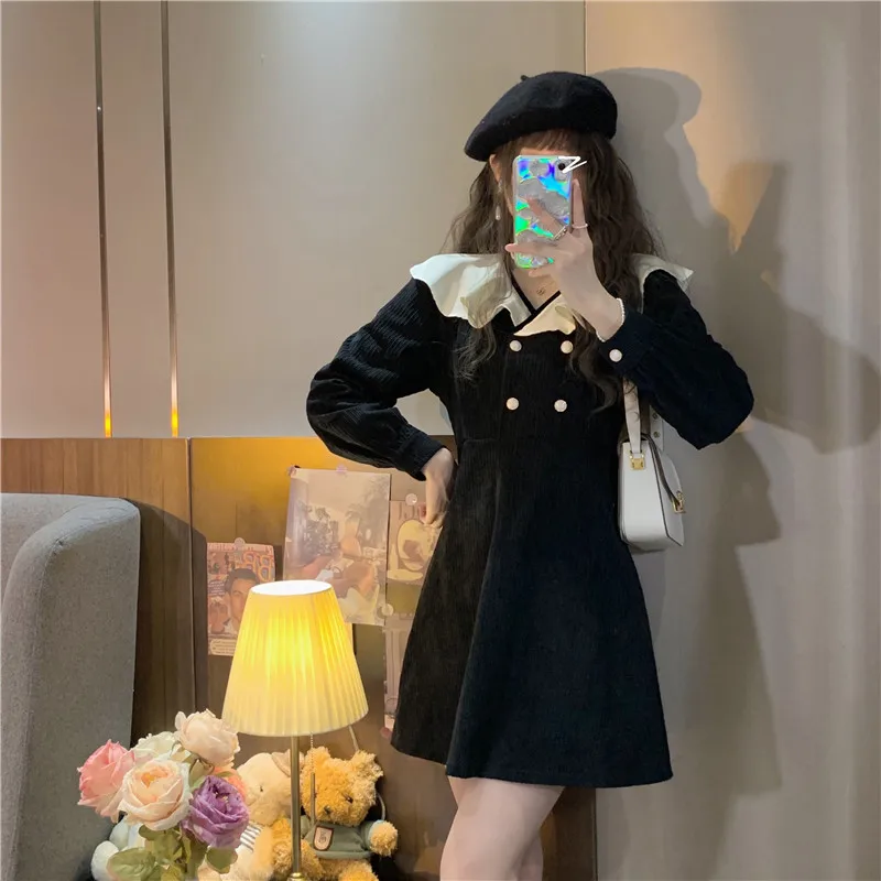 

French Vintage Elegant Color Matching Casual Lady Office Corduroy Dress 2022 Spring A-Line V-Neck Splicing Preppy Style Clothes