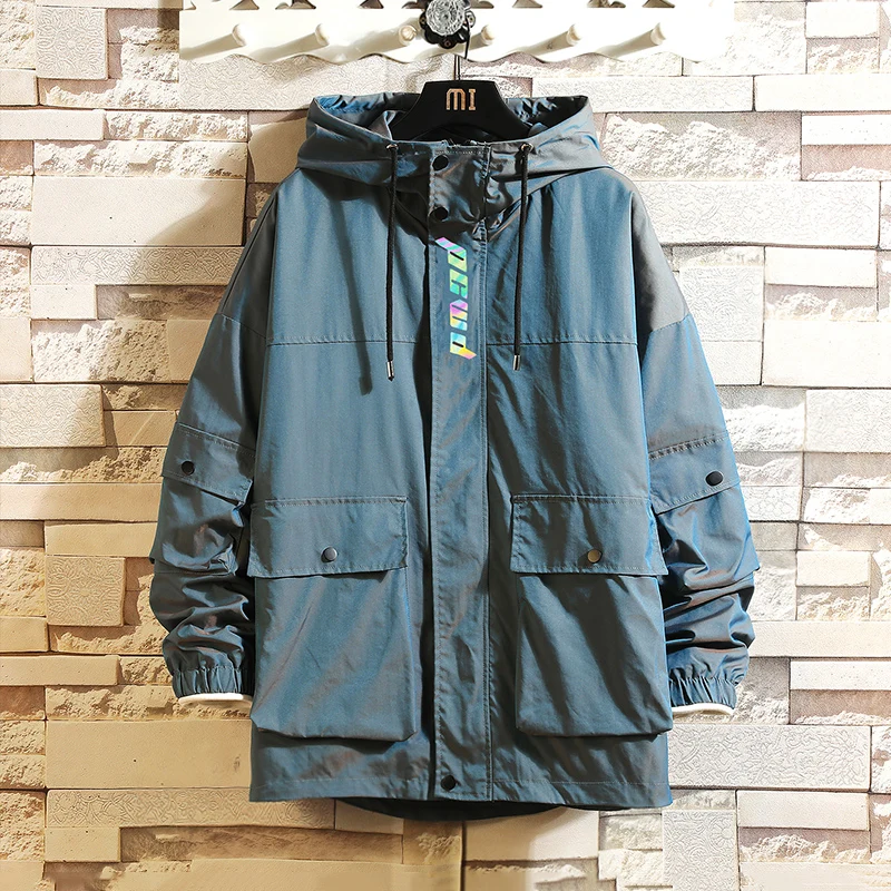

Reflective color gradient jacket solid color loose hooded jacket fashion street hip-hop male jacket plus size men's jacket 5XL