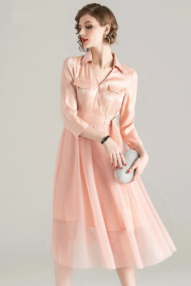 Boollili Summer Dress 2020 Vintage Elegant Office Midi Women Clothes Ladies Dresses Korean Pink Mesh Vestidos | Женская одежда