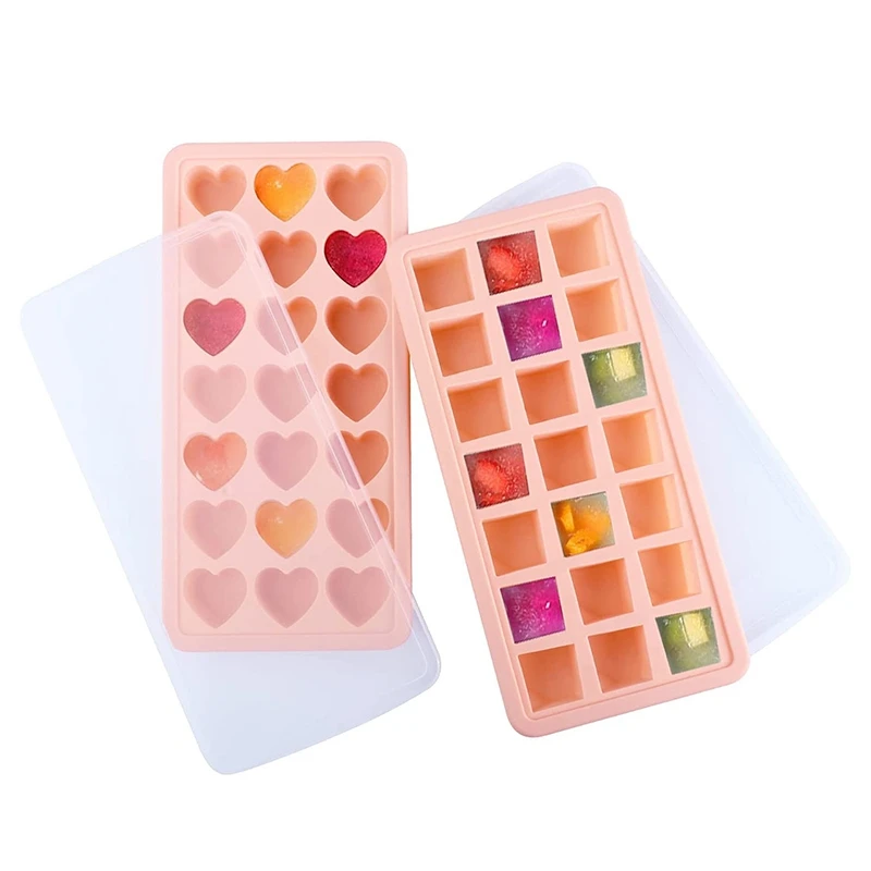 

2-Pack Silicone Ice Cube Tray with Lid, Heart Ice Cube Tray & Square Silicone Ice Cube Mold Easy-Release and Flexible