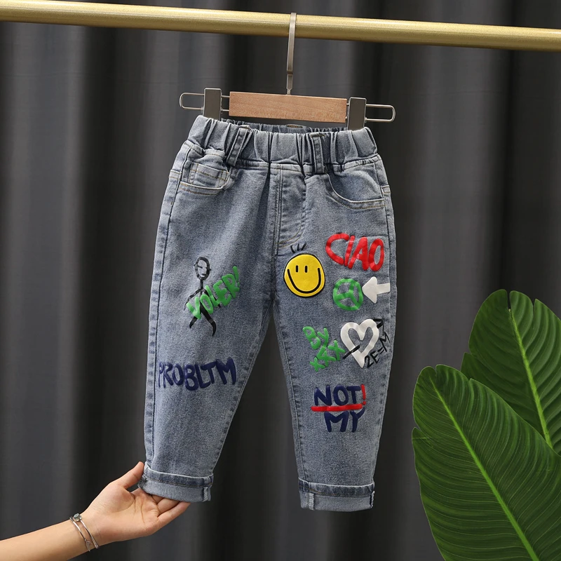 Brand Kids Boys Jeans Pants Spring and Autumn Soft Children Baby Elastic Waist graffiti Cotton Denim Pants for Boys Girls 2-6Y