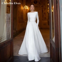 elegant beadings illusion back wedding dress long sleeves satin a line bride gown with belt scoop neck robe de mari%c3%a9e