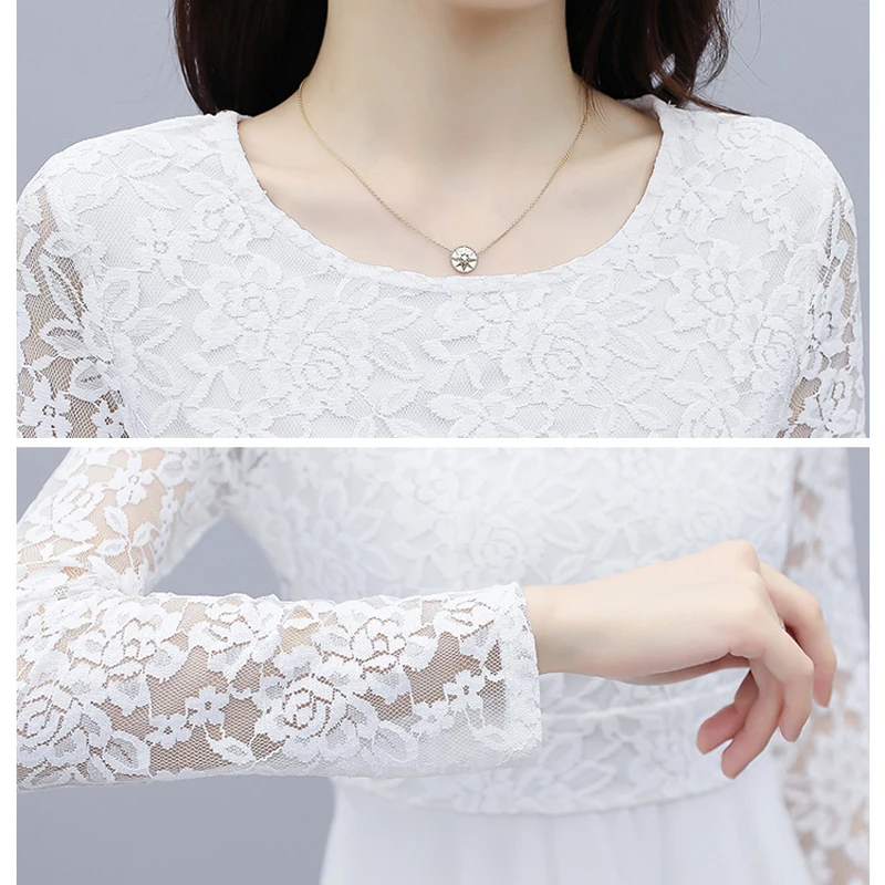 

New Autumn Women's Dress Plus Size Vintage Lace Patchwork Chiffon Long Sleeve Casual Office Ladies Fashion Dresses M-4XL