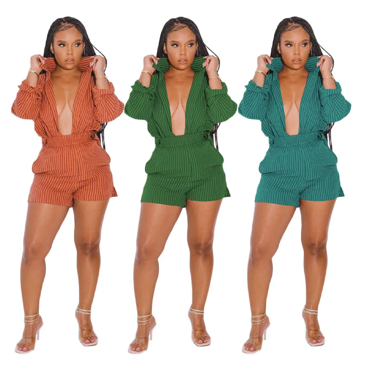 

Fall Turn Down Striped Print Long Sleeve Shirt Top Shorts Set Two Piece Set Autumn Outfits Women Clothing Orange Casual Suit