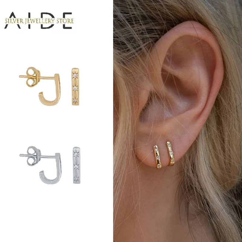 

AIDE Geometric J Shape Star Stud Earrings For Women Minimalism INS Stars Pattern Piercing Earings Silver 925 Jewelry kolczyki