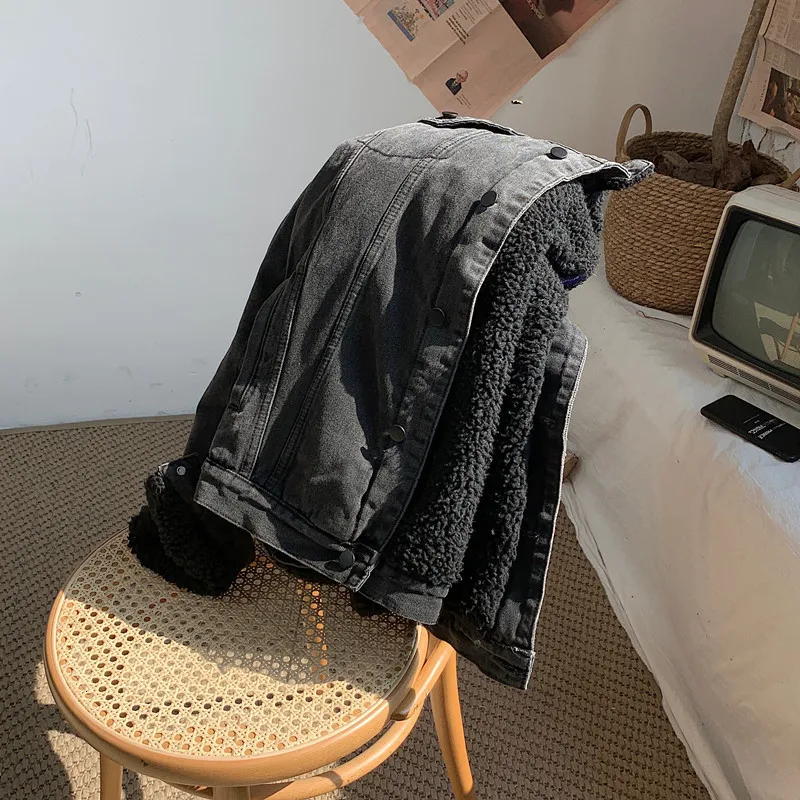 

2019 New Japanese Cotton Winter Simple Solid Color Men's Loose Version Retro Gray Black Thick Lamb Hair Denim Jacket