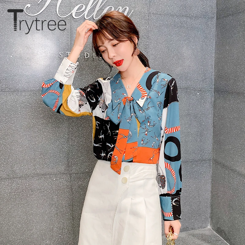Trytree 2020 Весенняя женская блузка повседневная отложной воротник бант кнопка
