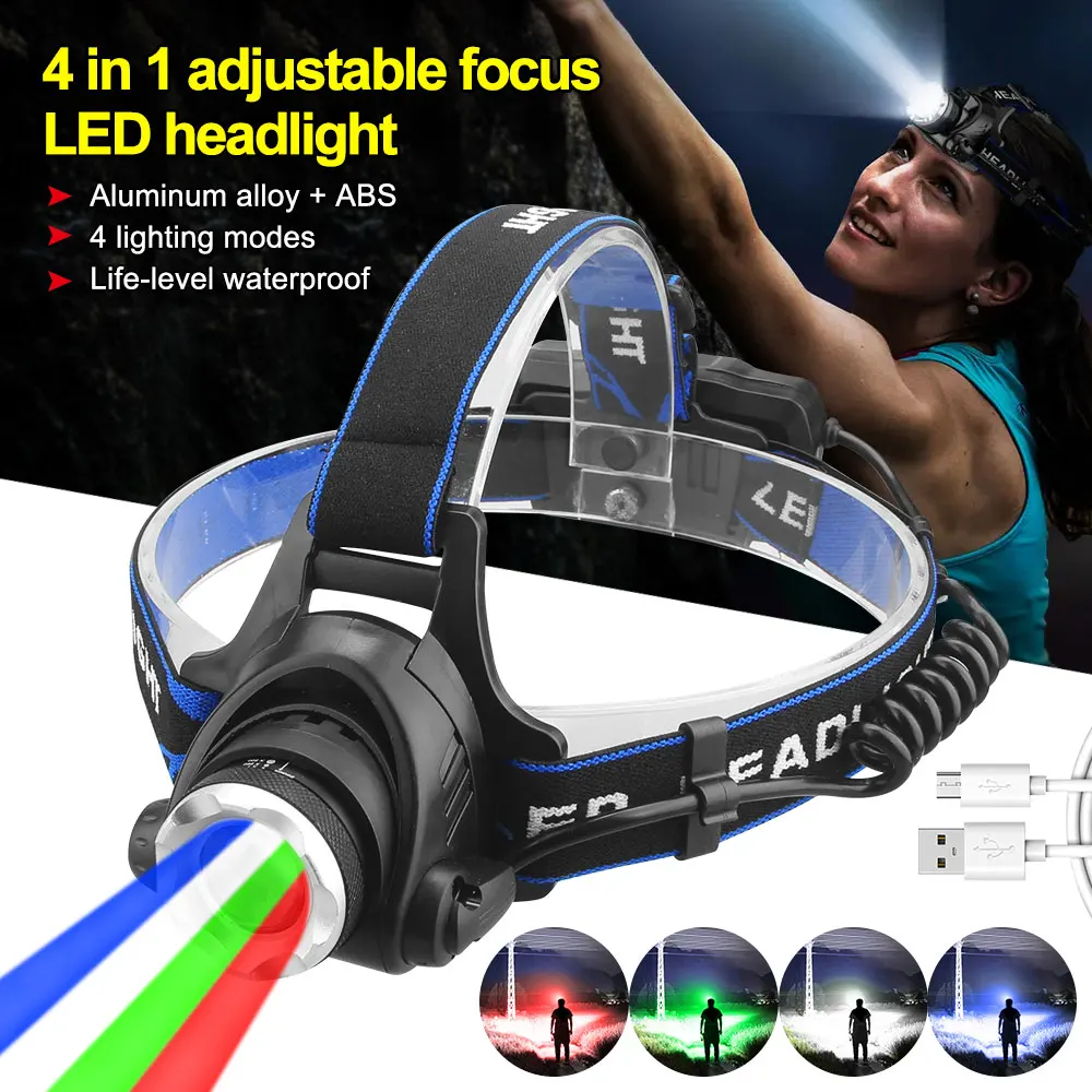 4 In 1 Adjustable Focus LED Headlight Red+Green+Blue+White Zoomable Fishing Front Head Flashlight Torch USB Red Warning Light