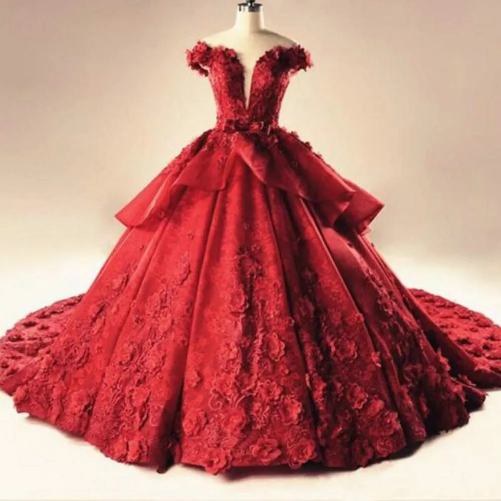 

Glamorous Red Lace Plus Size Prom Dresses Flower Floral Luxury Saudi Arabia Dubai vestido de noiva Bridal Gown Ball Evening