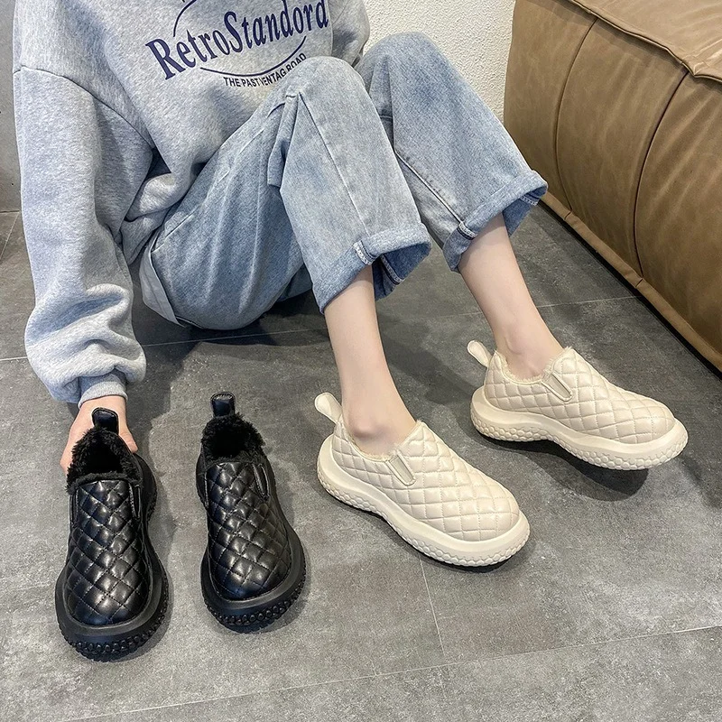 

Ботинки женские на платформе, плюшевые ромбовидные, хлеб, теплая обувь на толстой подошве, лоферы, до щиколотки, зимние