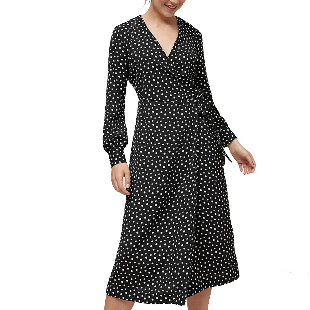 

New Arrival Women Long Sleeve Dress Casual Polka Dot Print A-Line V-Neck Party Dresses