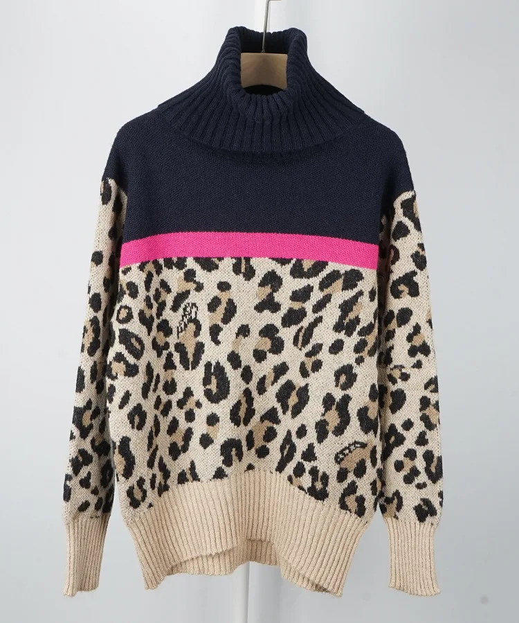 Новый осенний и зимний модный Леопардовый принт розовый цвет свитер с высоким