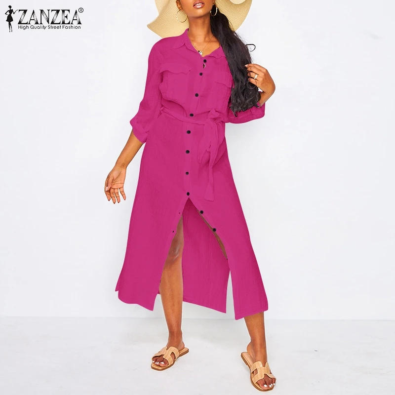 

2021 Women's Shirt Dress ZANZEA Spring Autumn Belted Long Sleeve Maxi Dresses Casual Ladies Loose Oversized Holiday Robe Femme