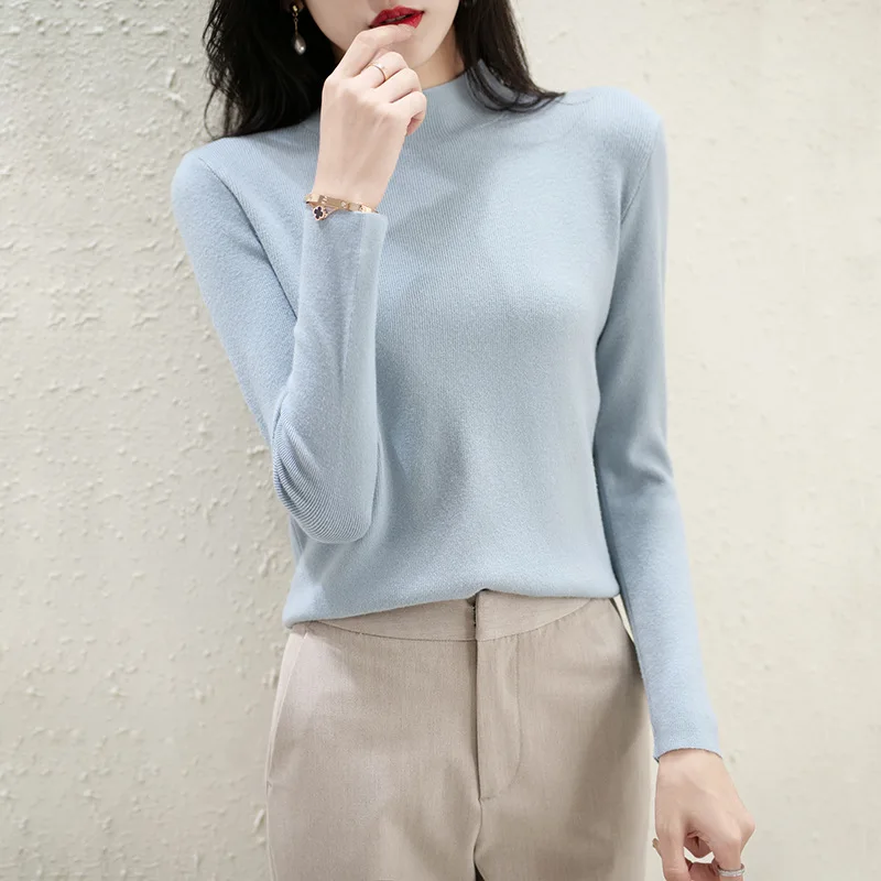 

Women Casual Long Sleeve Tops Half High Neck Bottoming Sweater Autumn Winter Temperament Slim Basic Shirt Solid Color Top