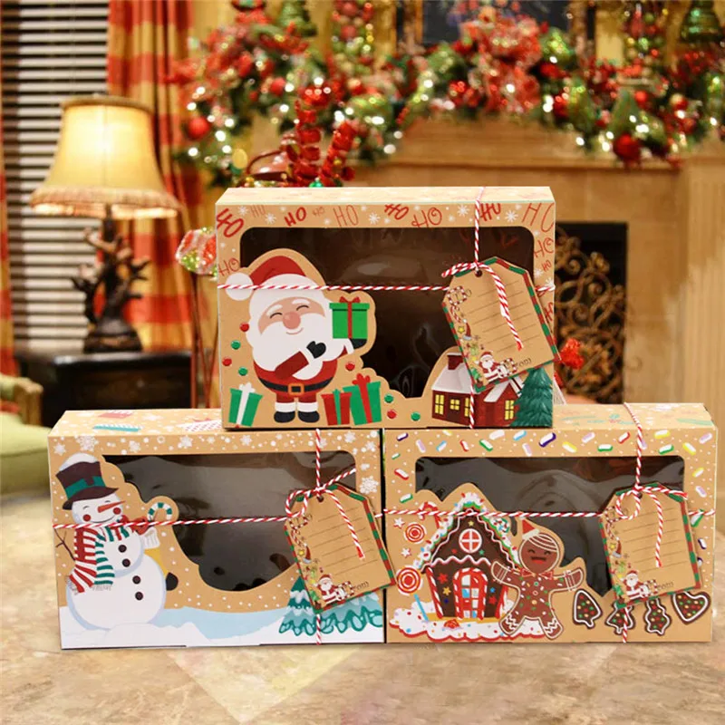 

Kraft Paper Candy Boxes Merry Christmas Cookie Gift Box Snowman Santa Claus Box Clear Window Packaging Bag New Year Decoration