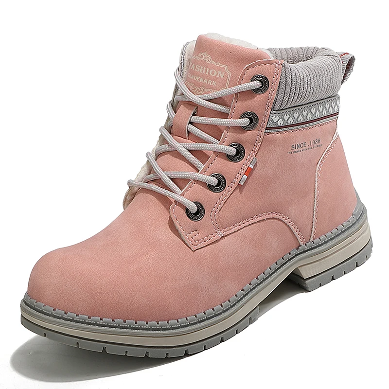 

2021 New Women Winter Snow Boots Fashion Leather Warm Plush Martin boots Outdoor Casual British Retro Ladies Pink Ankle Boots