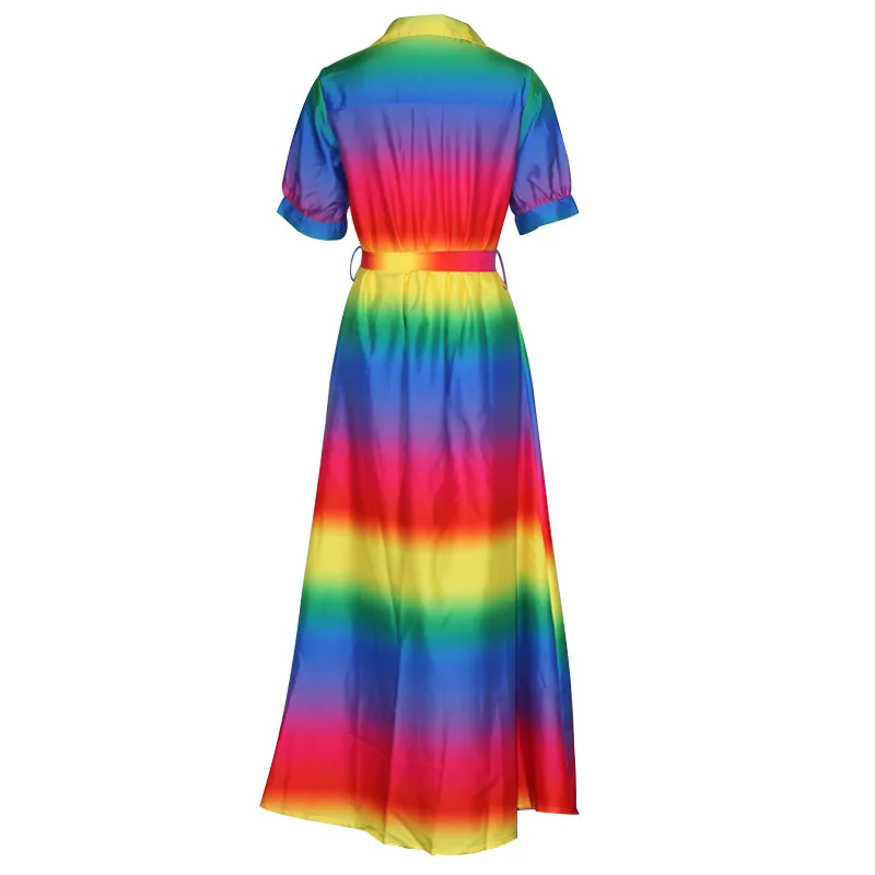 Женское винтажное платье-рубашка на пуговицах длинное Радужное в полоску с