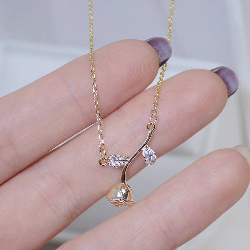 

YDL Gold Color Romantic Exquisite Rose Short Necklace for Femme Bling Zirconia Choker Kolye Feminia Colar Jewelry Pendant