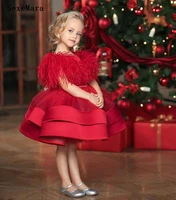 red puffy baby girls dress feather neck princess gown infant 1 year birthday dress christmas party dress little girl clothes