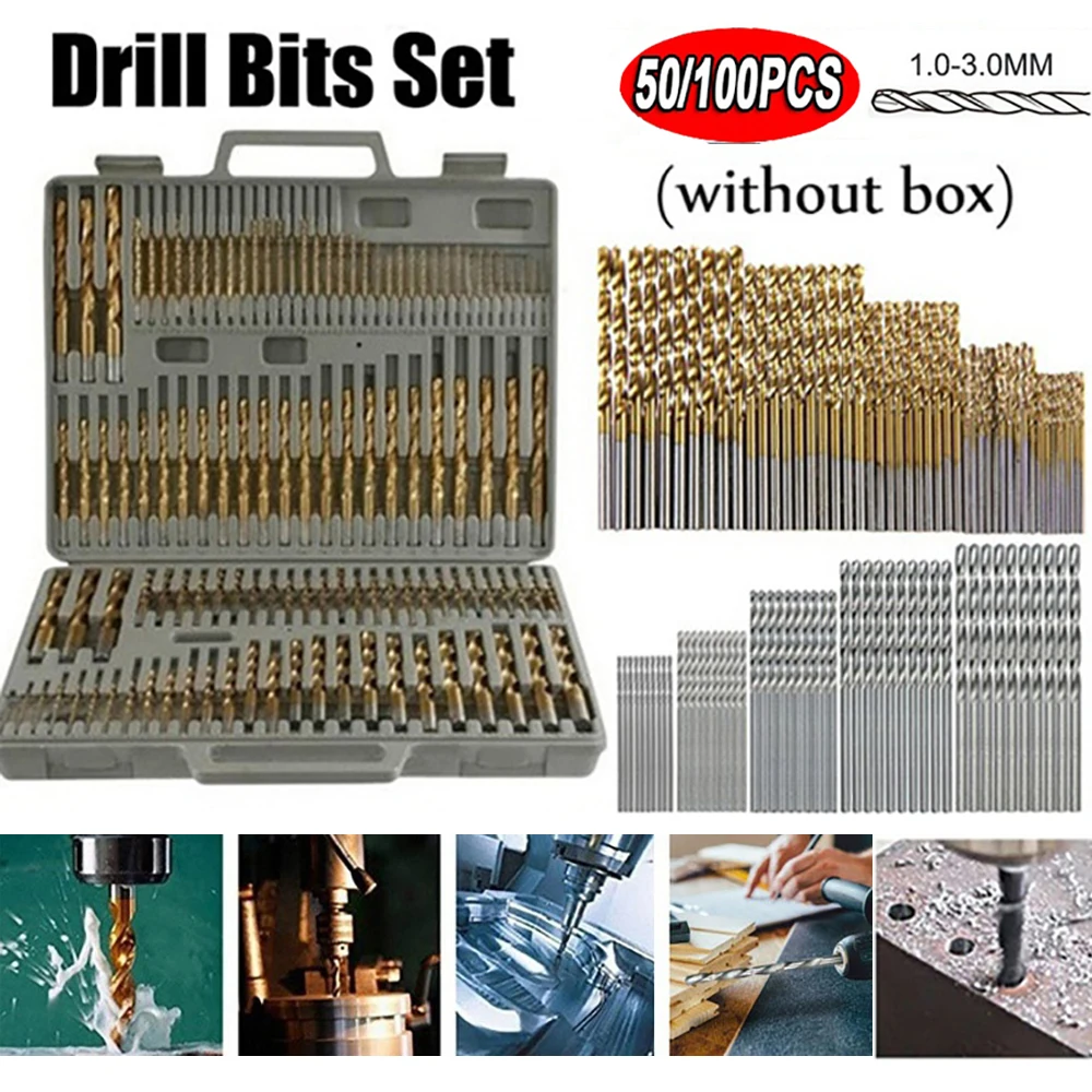 

100pcs/50pcs Titanium Coated HSS High Speed Steel Drill Bit Set Tool