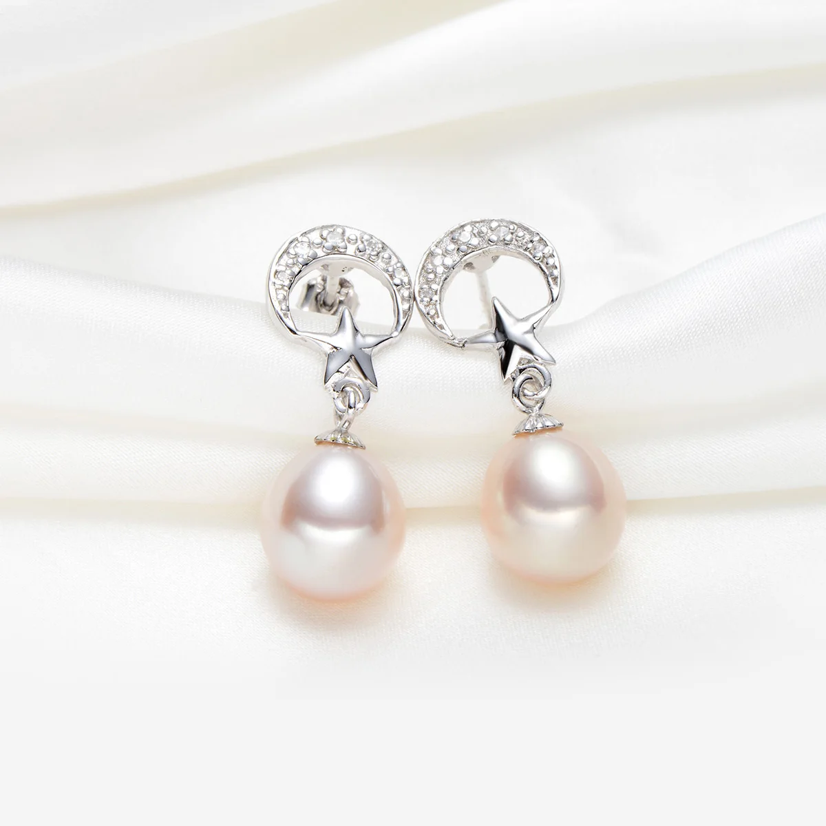 

gN Pearl Moon Star Design 9-10mm White Natural Freshwater Pearl 925 Sterling Silver Drop Earrings Stud gNPearl Fine Jewelry