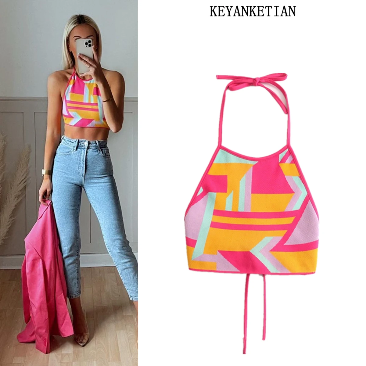 

Женский трикотажный жилет-халтер KEYANKETIAN za, цветной жилет с геометрическим рисунком и открытой спиной, короткий топ с кружевом, уличная одежд...