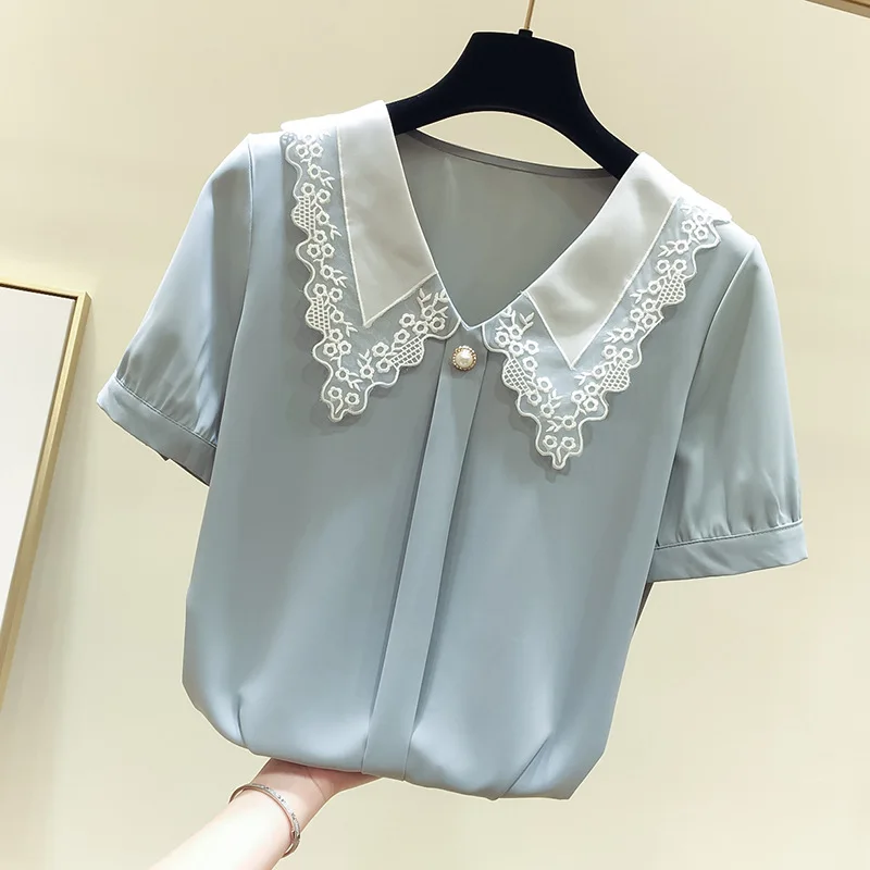 

5XL Plus Size 2021 Summer Blouse New Elegant Peter Pan Collar Short Sleeve Solid Shirts Floral Button Tops Casual Blusas Mujer