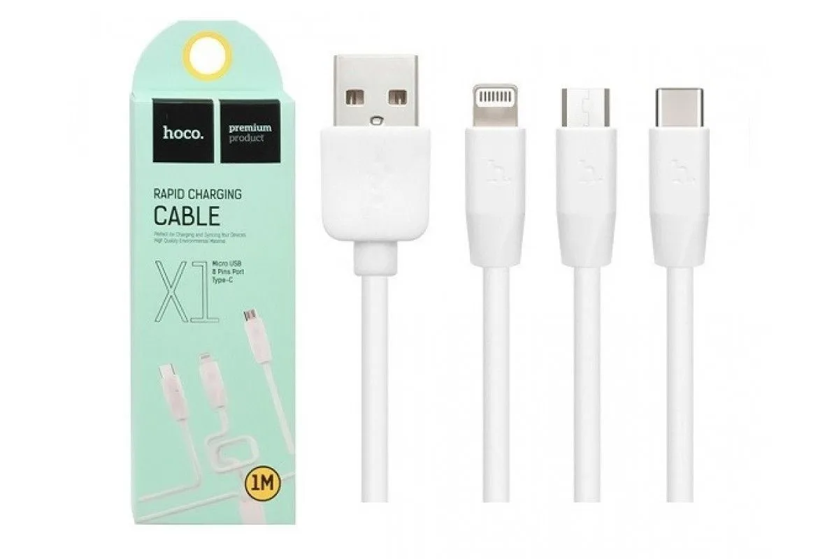 Кабель USB - 3 в 1 для (iPhone + MicroUSB Type-C) Hoco X1 Белый |