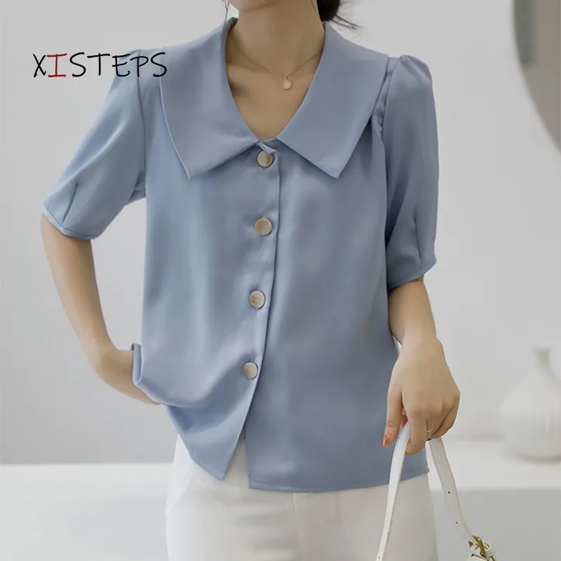 2021 Summer Women Blouses White Blue Chiffon Shirts Peter Pan Collar Puff Sleeve Fashion Ladies Tops Streetwear Ruffle Blouse