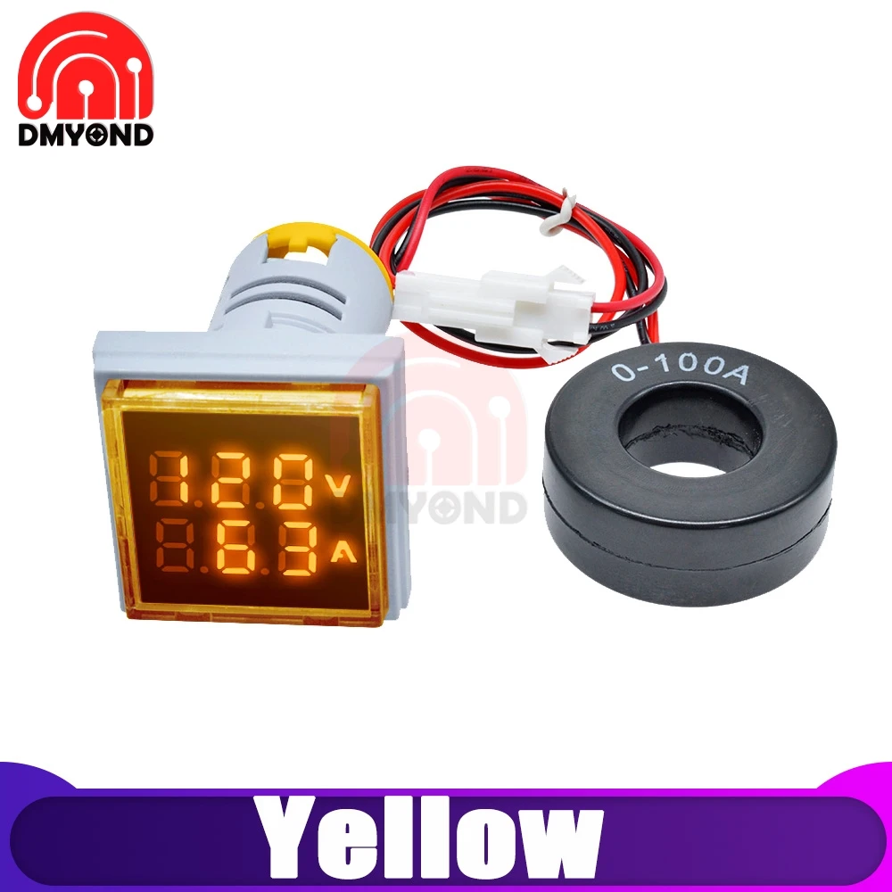 Voltammeter Yellow 22 мм квадратный светодиодный цифровой амперметр переменного тока 0A-100A 50 в-500 В Ампер Вольт измеритель напряжения вольтамметр индикатор пилотный светильник - Цвет: Voltammeter Yellow