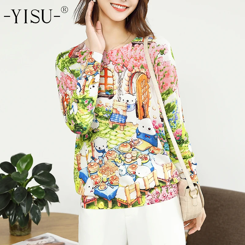 Фото Женский свитер YISU с забавным принтом джемпер круглым вырезом и длинными рукавами