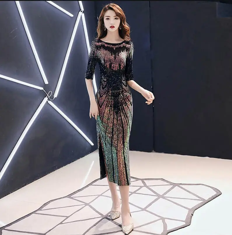 Robe De Soiree Новое Сексуальное вечернее платье с блестками, о-образный вырез, половина рукава, макси платье, вечерние платья для выпускного вечера AE474 - Цвет: AE47401