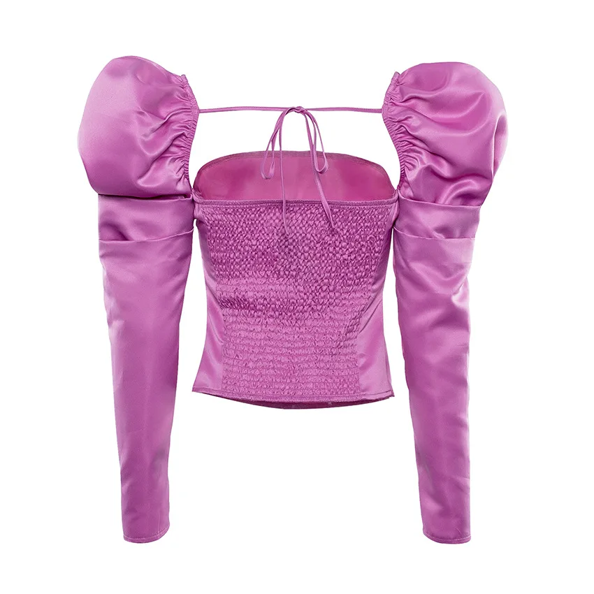 IEMUH Сексуальная шелковая фиолетовая блузка с буфами на рукавах элегантная