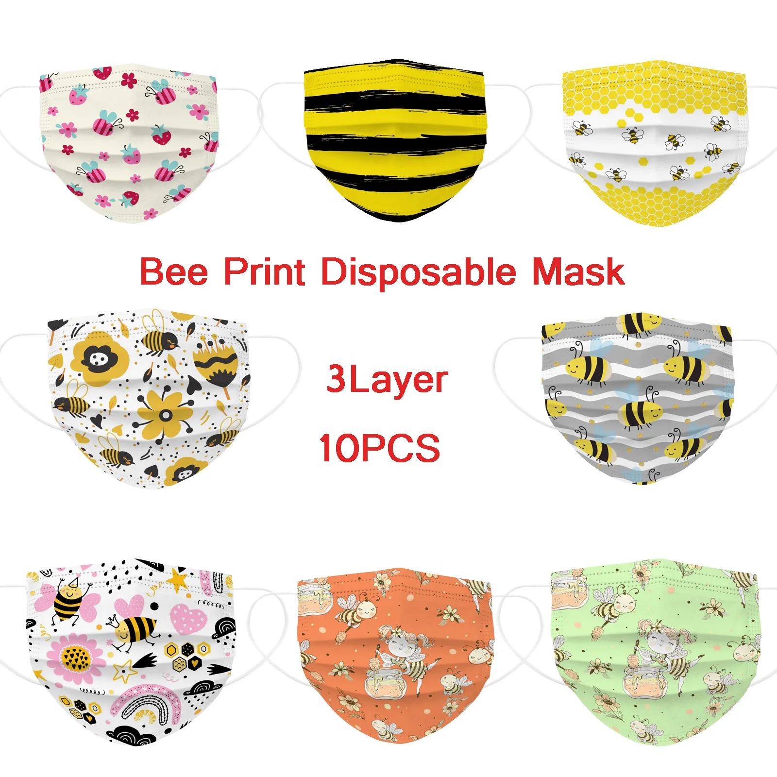 Маска одноразовая промышленная трехслойная с пчелами 10 шт. |