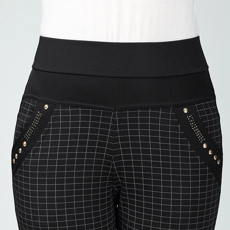 Женские брюки карандаш в клетку теплые бархатные облегающие с высокой талией