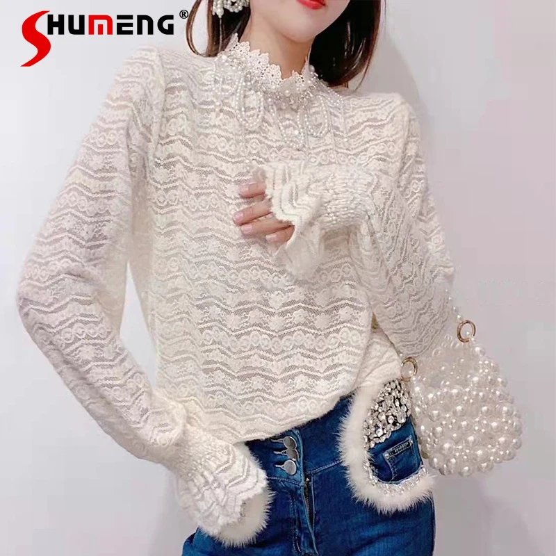 

Women's 2021 Autumn and Winter New Korean Style Sweet Beads Lace Shirt Ladies Fashion Simple Solid Tassel Thickened Blouses Top